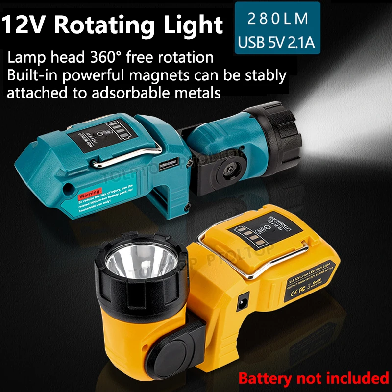 HOT 280LM Rotary Lamp Spotlight LED Work Light for Makita/Dewalt 10.8V 12V Li-ion Battery With USB&DC port Charger Warning Light