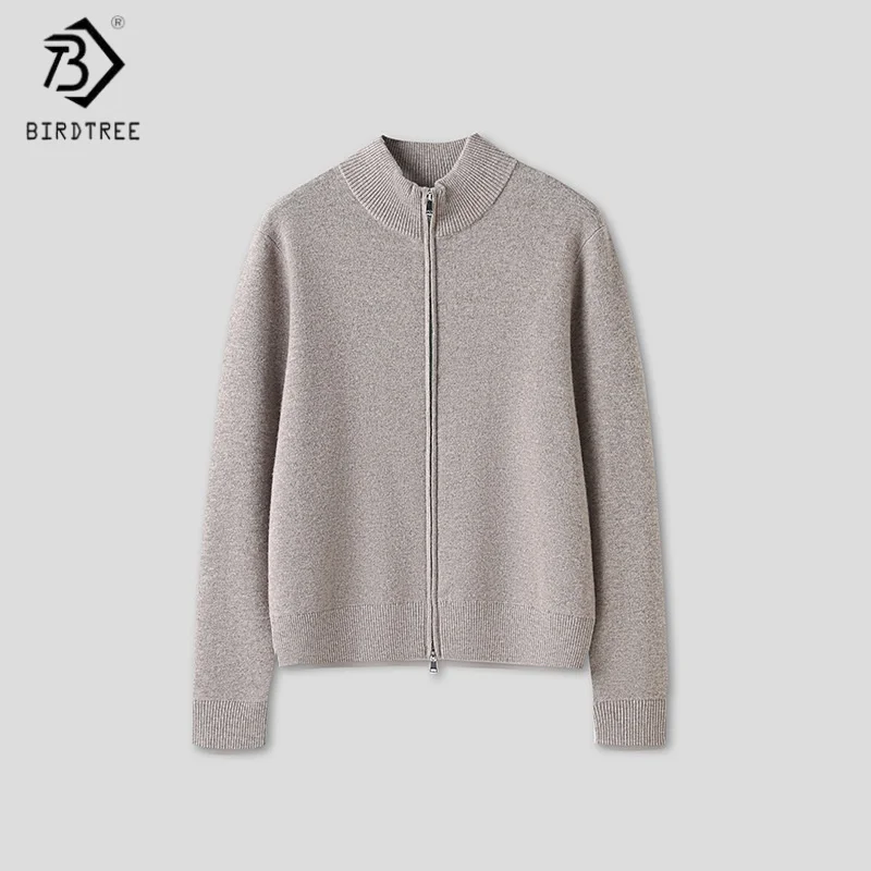 

Birdtree,100% Sheep Wool Double Zipper Knitted Sweatshirt,Woman Stand Collar Warmth Sweater,2025 Autumn Solid Coat T5O804JF