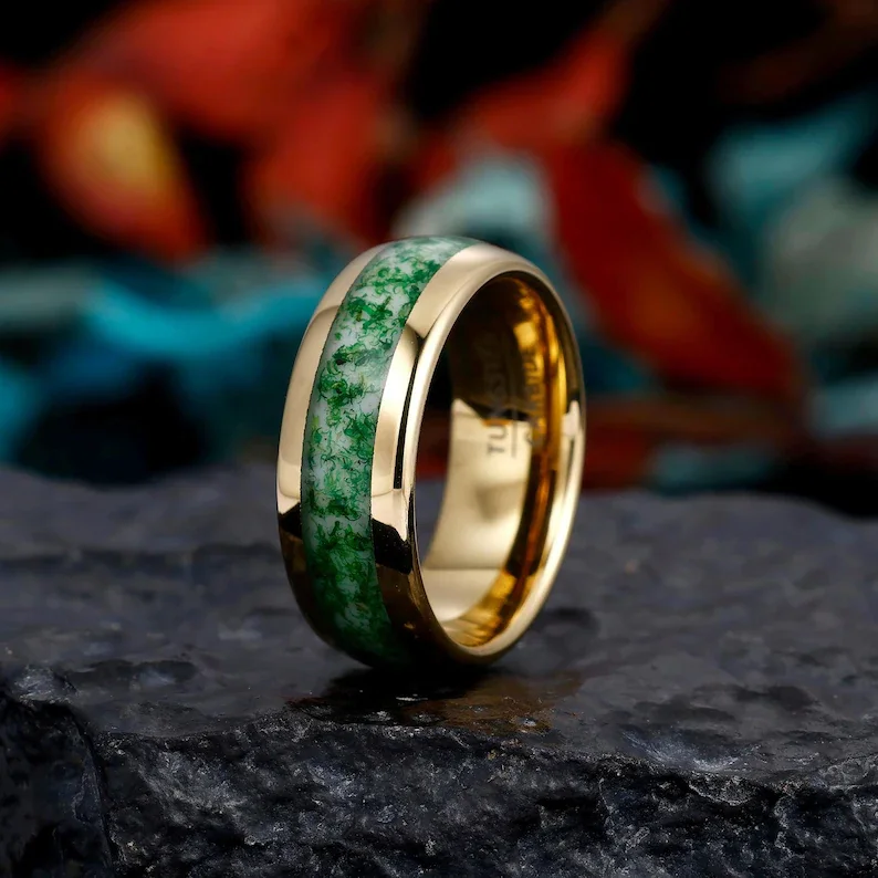 Mens Wedding Ring, Moss Agate Tungsten Ring, Polish 8mm, Mens Wedding Band, Natural Moss Agate Gold Mens Ring