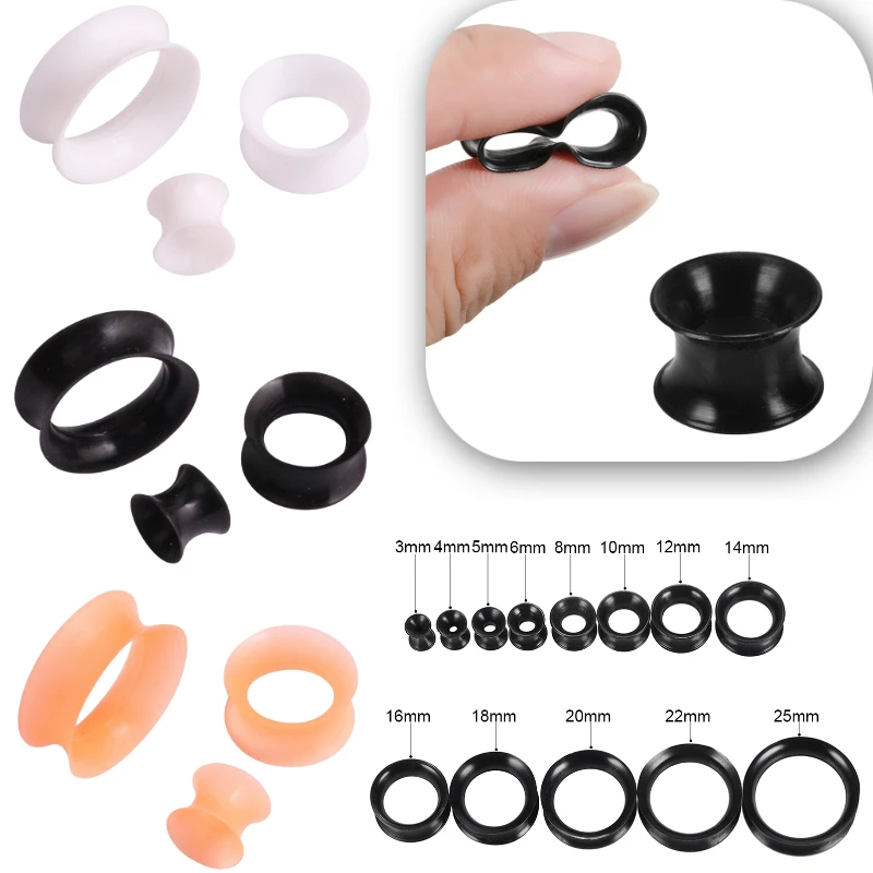 2Pcs Hollow Silicone Ear Plugs Black Flexible Double Flared Flesh Ear Tunnel Plugs Gauge Expander Stretchers Jewelry Piercings