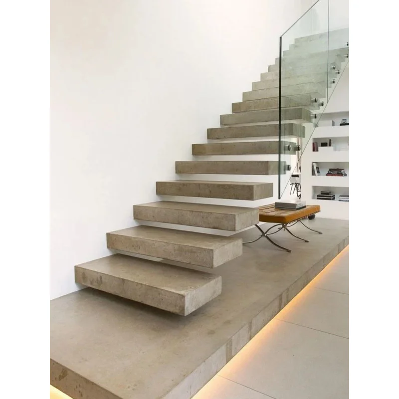 custom.Indoor Minimalist Modern Style Straight Floating Stairs with Stone Treads and Glass Balustrade