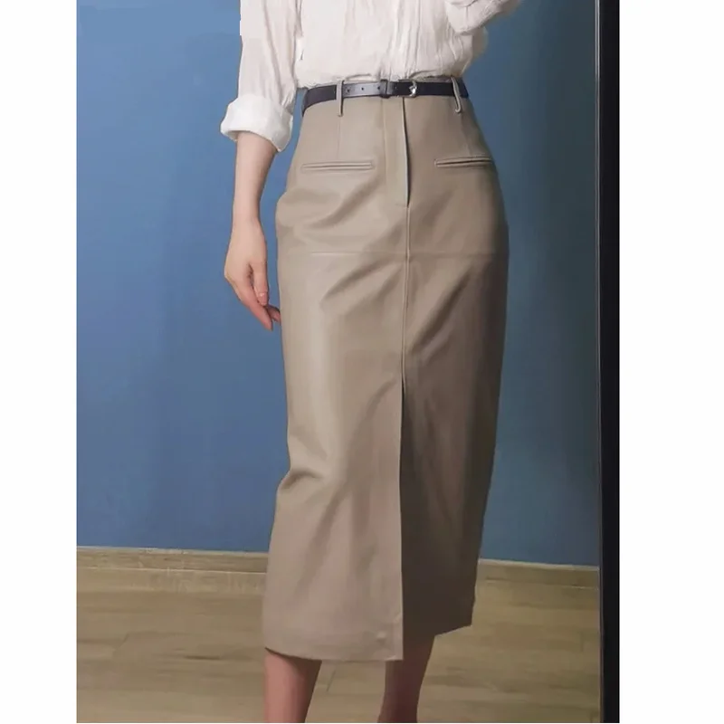 

Women Long Leather Skirt 2023 Winter Euro-American Calf Length 100% Sheepskin Slim Pencil Skirt With Belt Femme Front Split Saia