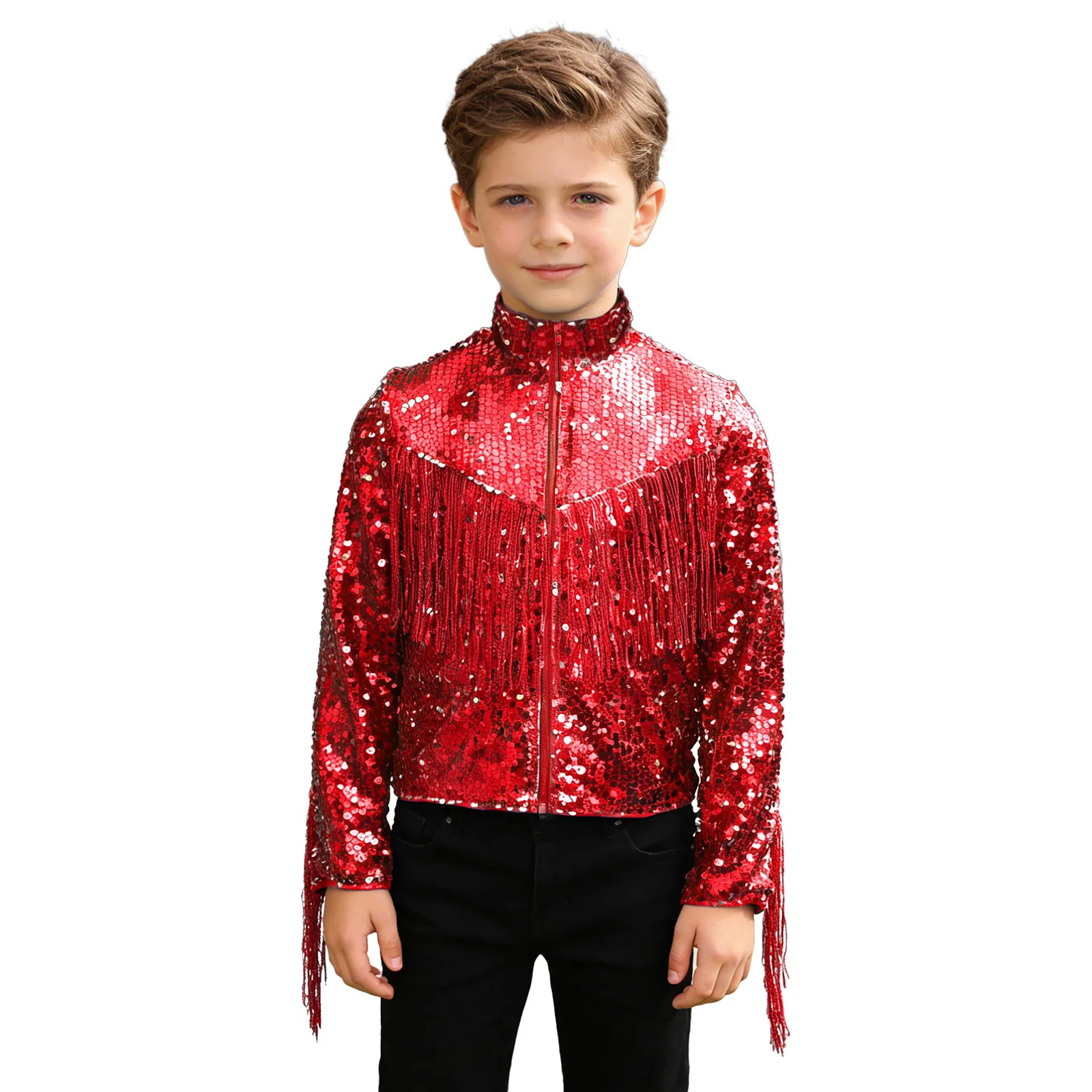 Kids Jongens Cowboy Jas Pailletten Kwastje Lange Mouw Mock Hals Rits Fringe Jas Bovenkleding Hip Hop Jazz Street Dance Wear