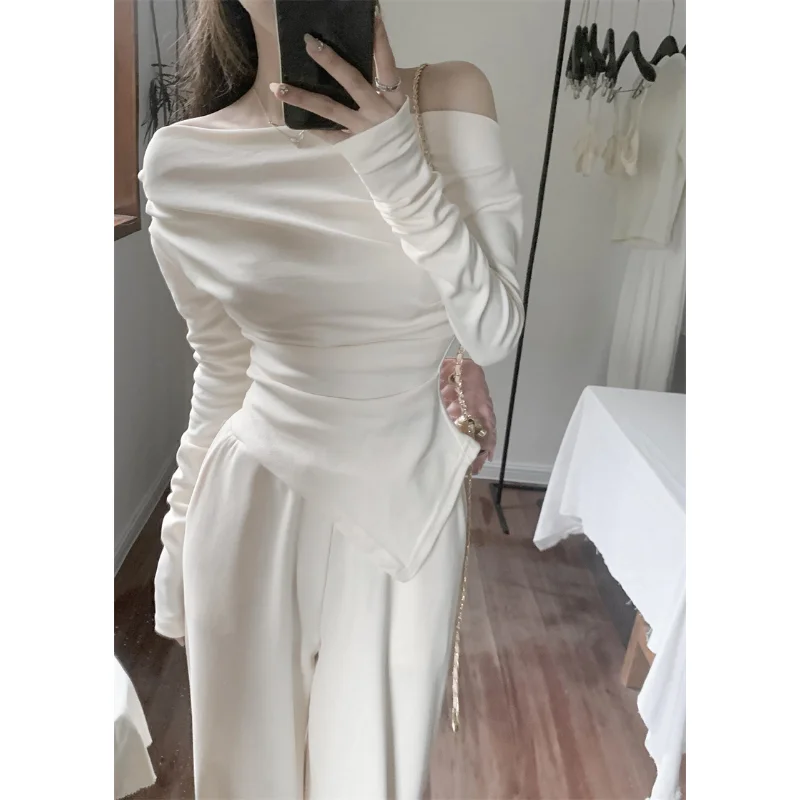 2023 Spring for Women Korean Style Irregular Off Shoulder T-shirt + Pants Suit 2 Pieces Sets Tight-fitting Retro Y2k Suit