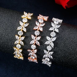 RAKOL Shiny Cubic Zirconia Stones Adjustable Flower Charm Bracelets For Women Fashion Party Jewelry Gifts