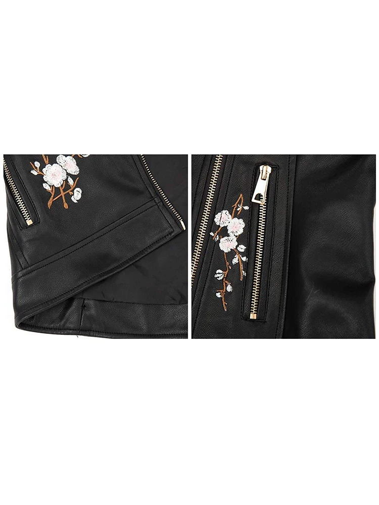 Giolshon Autumn Flowers Embroidery PU Leather Jacket Women Slim Turn-Down Collar Outerwear Zipper Moto Biker Coats Tops Clothes