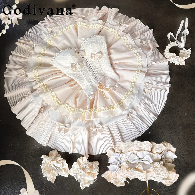 

Ladies Japanese Style Sweet Outfits Collarless Slimming Top and High Waist Skirt Suits Women's Princess Birthday Part Set