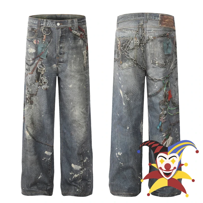 Cotone a getto d'inchiostro Graffiti dritto logoro sciolto gamba larga Jeans Casual pantaloni uomo donna pantaloni da jogging