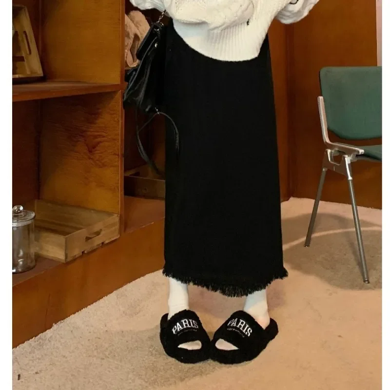 Mid-length A- line Skirt Split Wool Hip Long Skirt 2024 Autumn and Winter New Tassel Knitted Skirt Women's Thickened