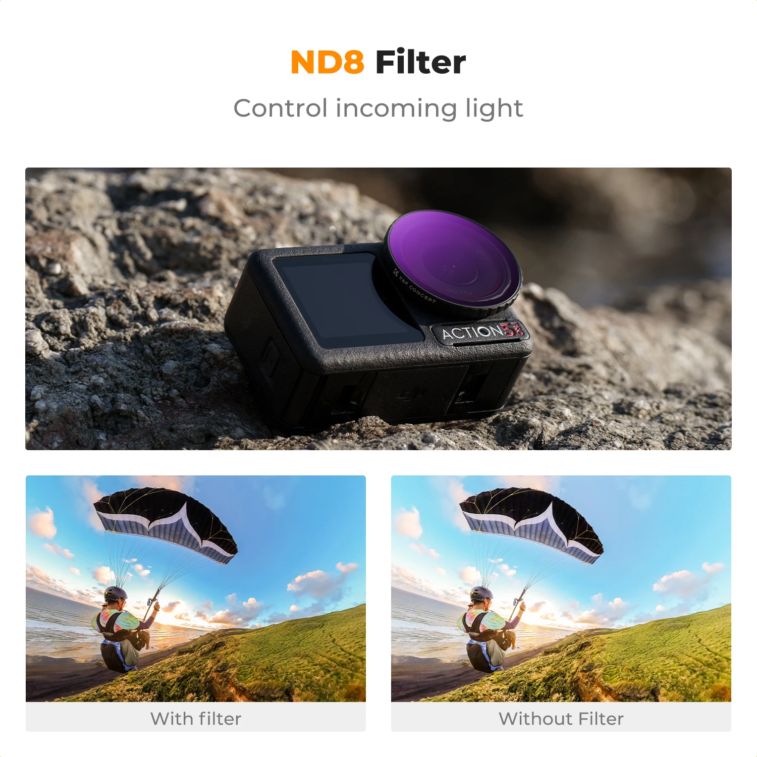 

K&F CONCEPT ND8 Lens Filter for DJI Osmo Action 5 Pro 4 3 Push Fit 28 Coated Neutral Density Light Reduction Optical Glass Frame
