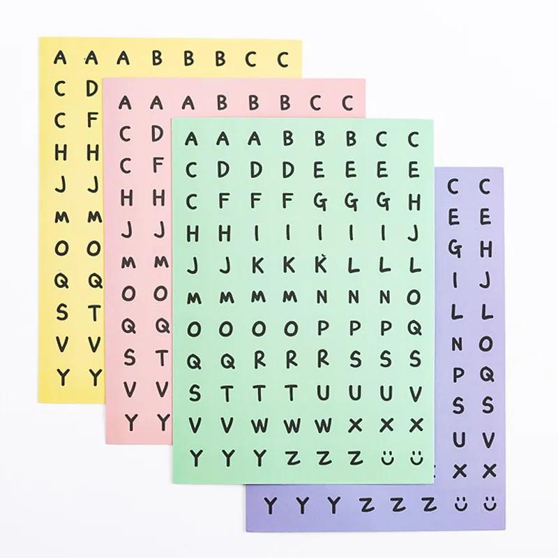 6 Blatt schwarz-weiße englische Alphabet-Aufkleber, farbenfrohe Scrapbook-Aufkleber aus Tagebuchmaterial, Geschenkumschlag-Dekorationsdatei