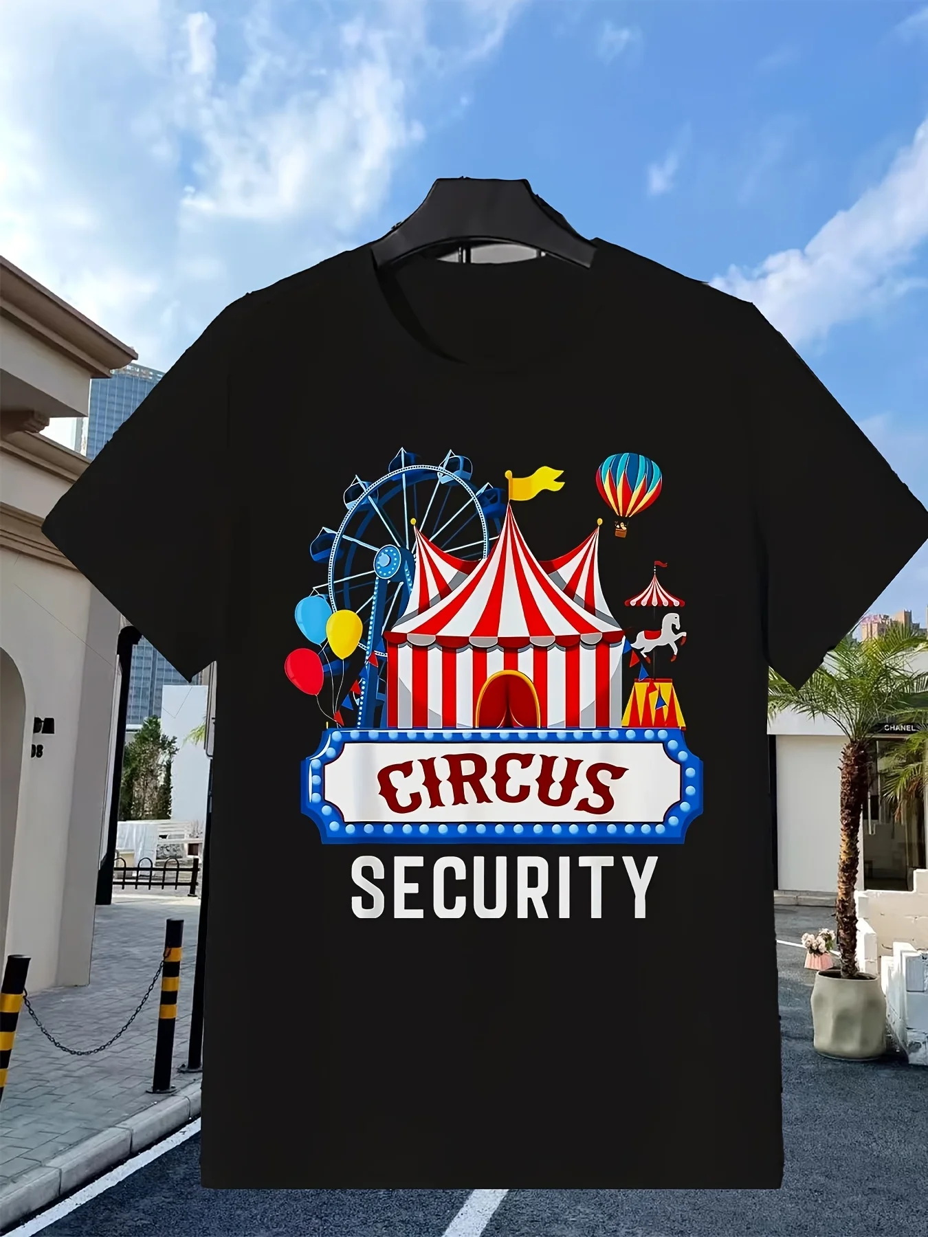 Circus Security TShirt Red White And Blue Circus Tent Ferris Wheel Balloons And Hot Air Balloon Print for Carnival Party Costume Event AllSeason Casual Wear Vintage Style Crew Neck SlighRetro Casual Crew Neck Printed T-Shirt