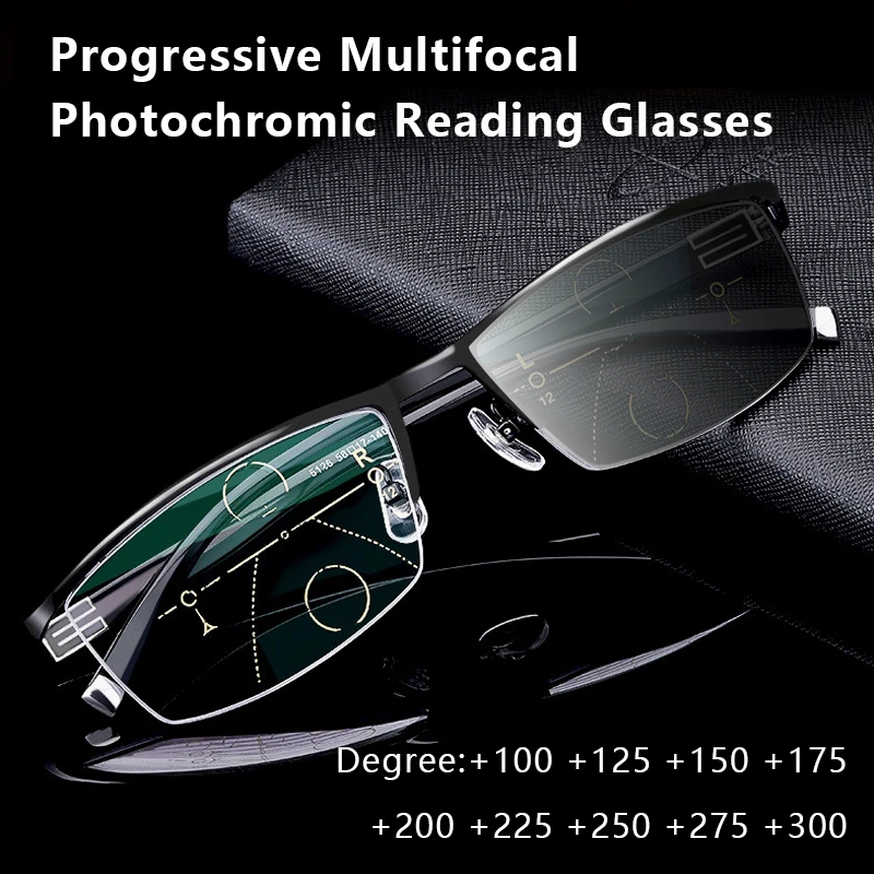 Newest Unisex Multifocal Prescription Glasses Custom Bifocal Photochromic Reading Sun glasses Myopia Anti Computer Harmful Light