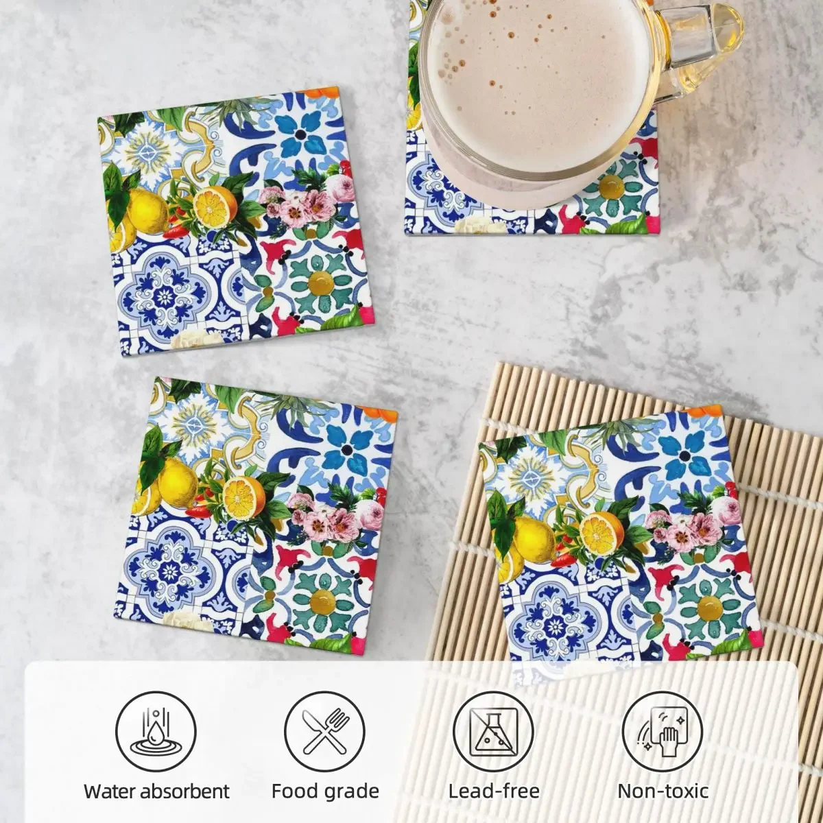 Sicilian Tiles,mediterranean,mosaic,lemons Coaster Ceramics Hot Pad Table Decoration Kitchen Table Placemats Coffee Mat