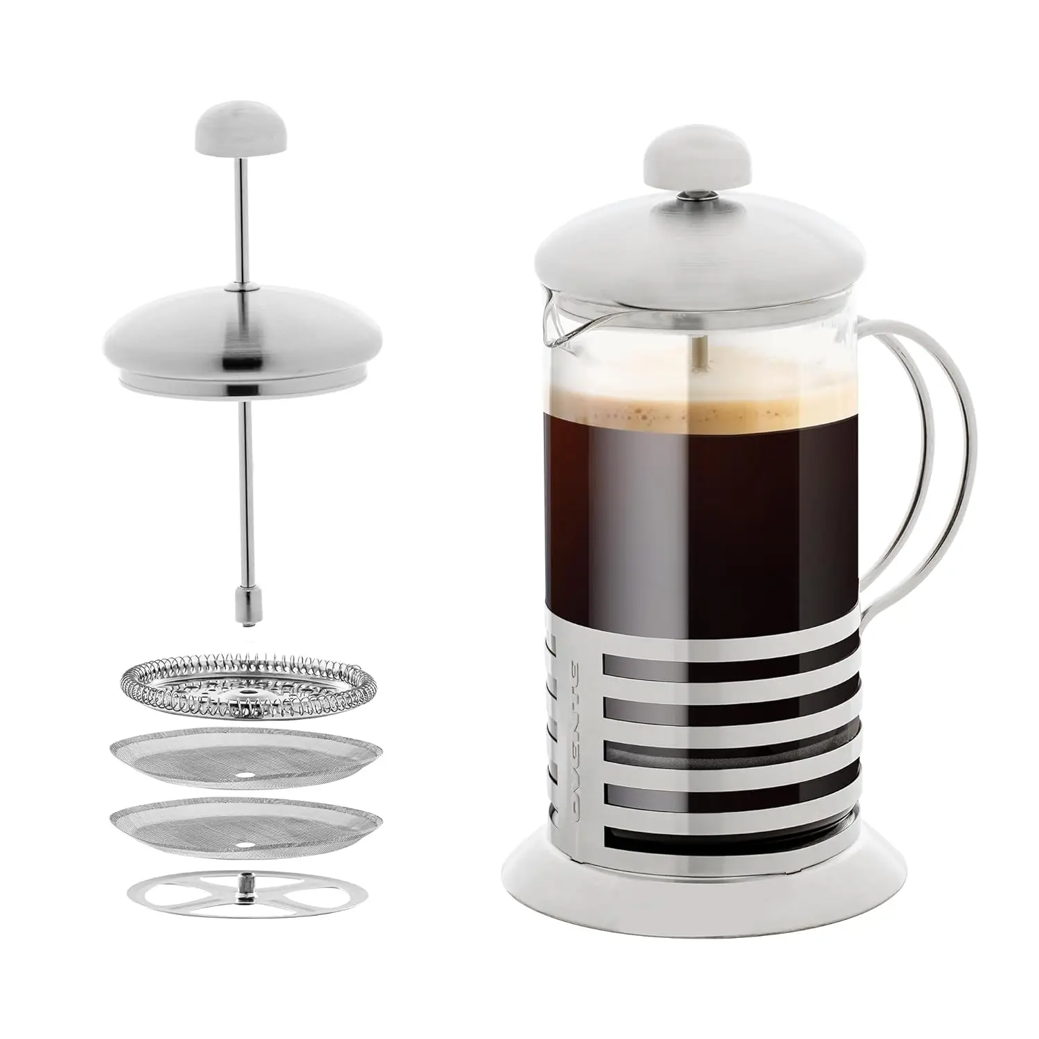 French Press Coffee Maker 20oz Borosilicate Glass & Stainless Steel, 4-Level Filter System for Rich Coffee, Portable for Travel Camping Gift