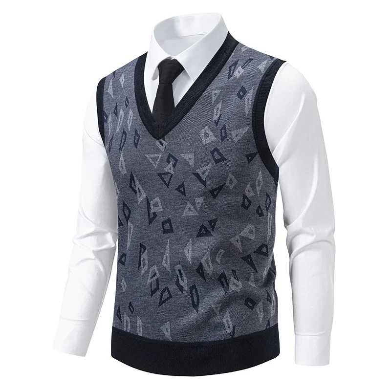 2025 Men's V-neck Knitted Sweater Warm Autumn Winter Diamond Grid Twisted Flower Casual Fashion Versatile Knit Top