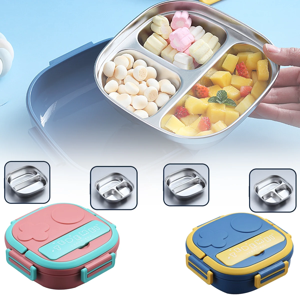 

1PCS 550ml Pink two compartments 304 stainless steel dinner plate lunch box with spoon portable compartment lunch box