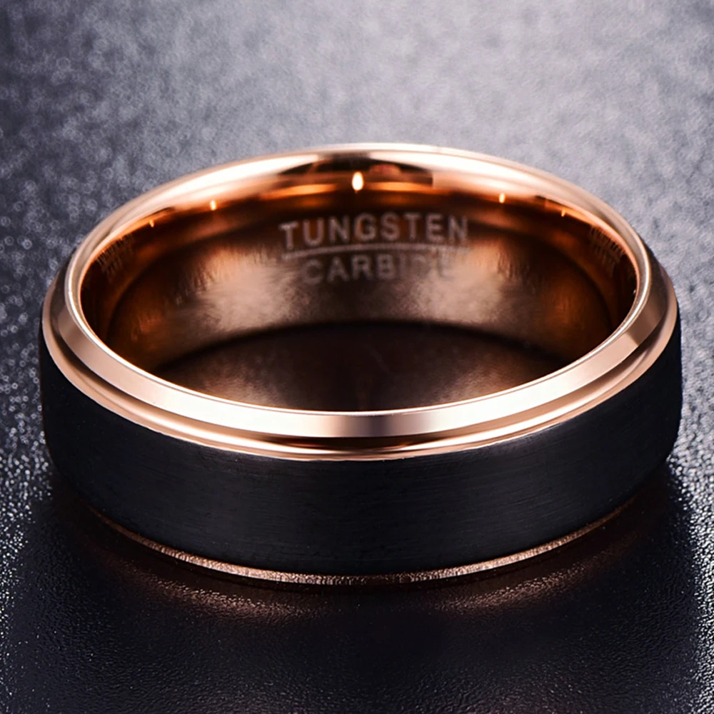 NUNCAD 6mm Rose Gold Color Tungsten Carbide Rings for Men Black Brushed Wedding Band Beveled Edge Comfort Fit Size 5-12