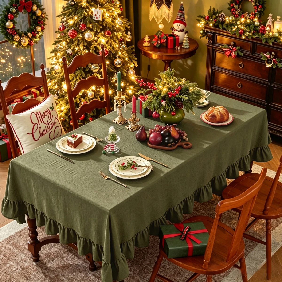 Christmas Solid Color Ruffled Tablecloth, Reusable, Suitable For Decorating Tablecloths During Holidays, Weddings, And Parties