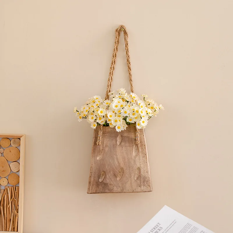 Vintage Wooden Bag Shaped Hanging Wall Vase, Wall Planter for Dried Flower Farmhouse Homestay Aesthetic Wall Decor Ornament