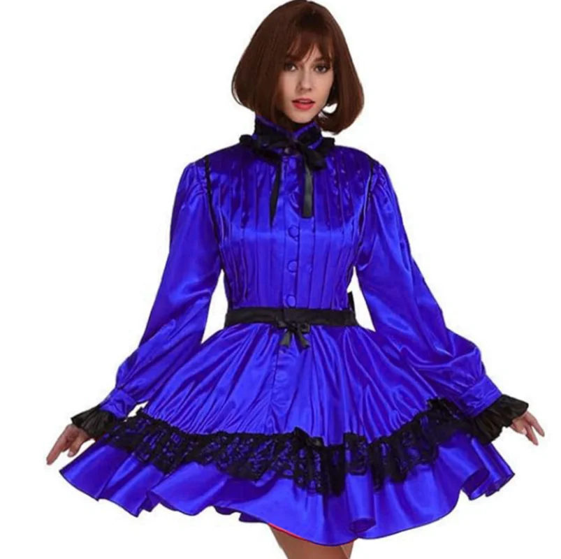 

French Fashion Girl Blue Satin High Neck Long Sleeve Dress Adult Giant Baby Sissy Short Dress Black Lace Trimmed Multi Color