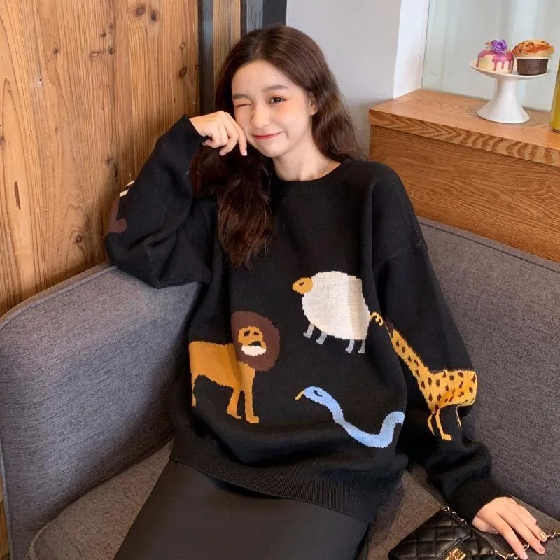 Girl Retro Jacquard Sweater Women Round Neck Cartoon Animal Long Sleeve Loose Pullover Knitted Sweater Female 2023 Spring