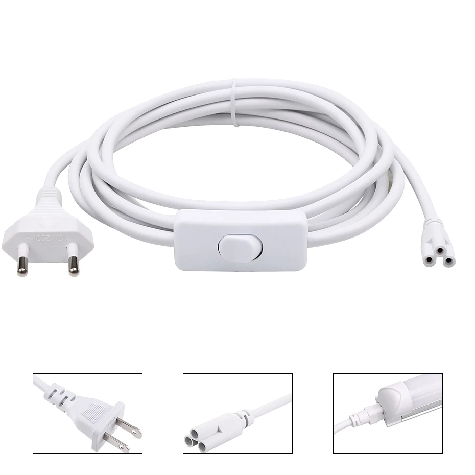 EU US Plug In Power Extension Cord 3Pin 180cm For T8 T5 Light Tube Cable Wire Connector 30cm Double End For Integrated Tube Led
