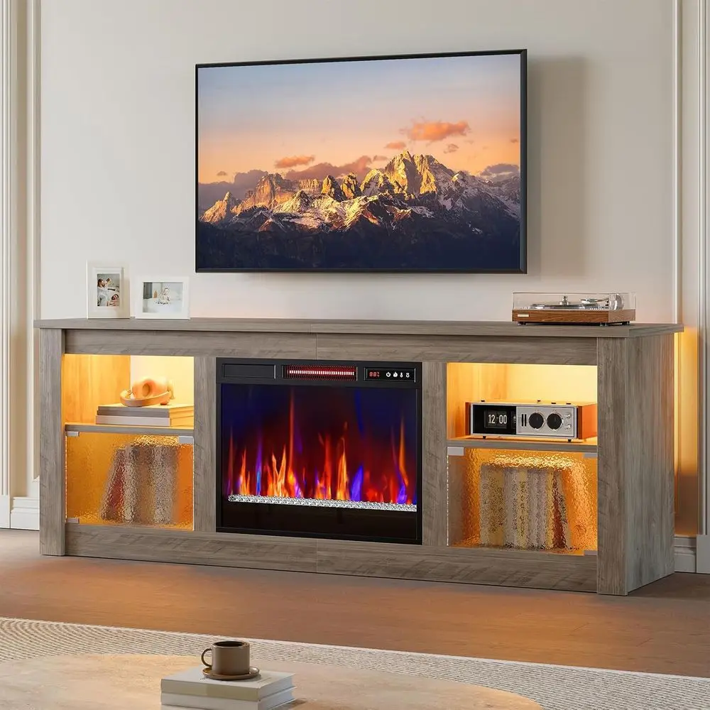 Grey 70 TV Electric Fireplace Stand with RGB Remote, Glass Doors, and Storage for Living Room