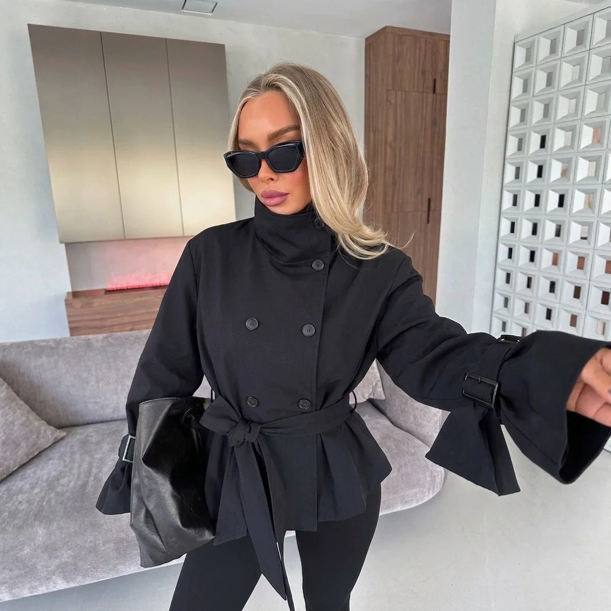 Autumn and winter new cross-border stand-up collar button waist strap short trench coat casual temperament trench coat women