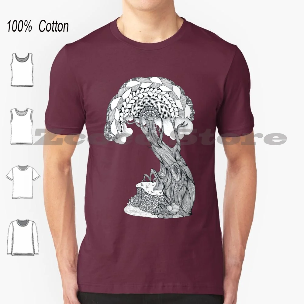 Tree T Shirt 100% Cotton Comfortable High-Quality Tangled Bark Grow Growing Tree Solitary And White Line Art Illustrated Forest