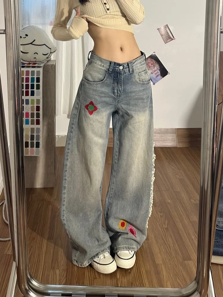 

Retro American Pearl Embroidery Knife Wide Leg Jeans High Waist Spring New Loose Fit Ladies Denim Pants Floral Pattern