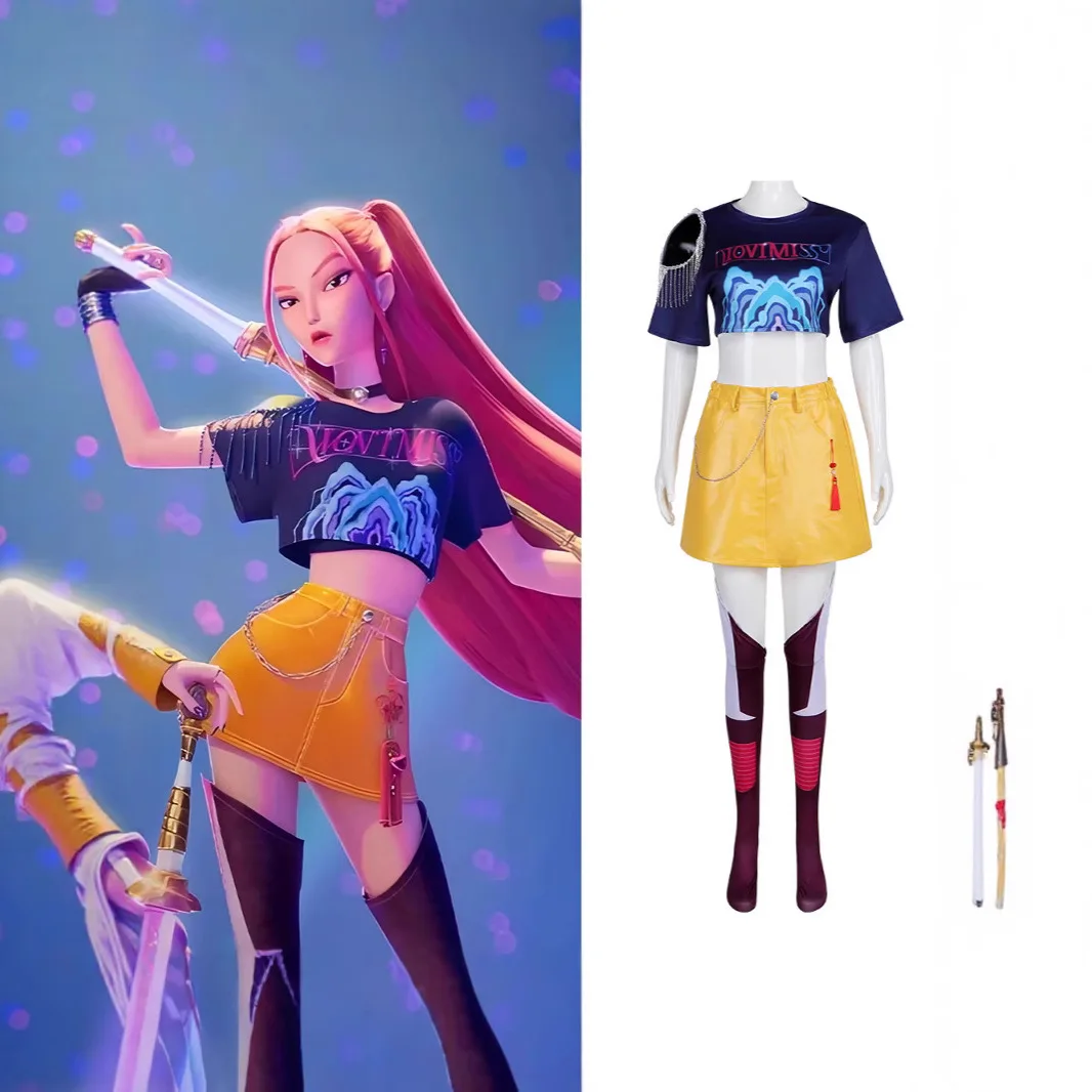 Kpop شيطان الصيادين تأثيري حلي فتاة مجموعة الزي المحاصيل الأعلى السراويل الصفراء تسخير حزام مجموعة مرحلة الأداء حفلة الهالوين