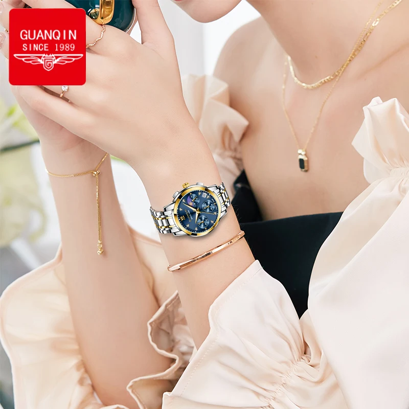 GUANQIN Women's Watches Original Brand Trend Fashion Stainless Steel Quartz Wristwatch for Lady Moon Phase Sapphire Glass New