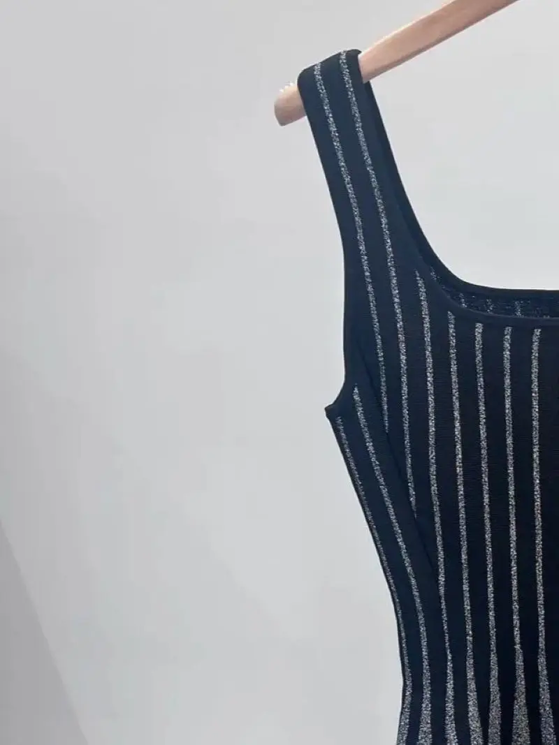 

Women's Striped Tank Dress Square Collar Sleeveless High Waist Slim Elegant Autumn 2024 Knitted Mini Robe