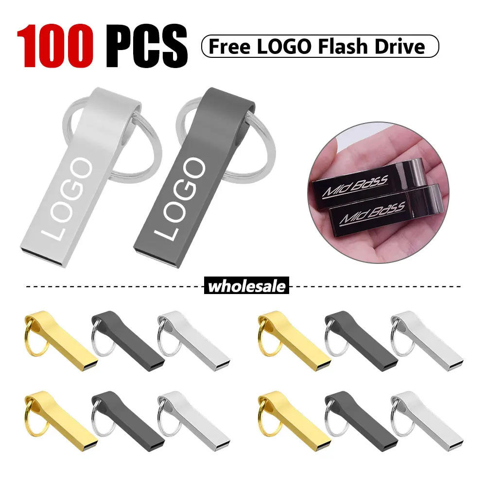 100PCS/Lot Free Custom Logo Metal USB 2.0 Flash Drive 2GB Pen Drive 8GB 16GB 32GB 64GB USB Stick 2.0 Flash Drive Pendrive Sticks