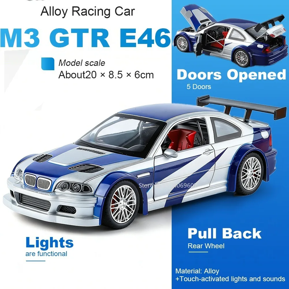 

Модель гоночного автомобиля BMW M3 GTR E46, масштаб 1:24, литая из сплава, со звуком и светом, открывающиеся двери, амортизация, инерционный механизм, имитация суперкара