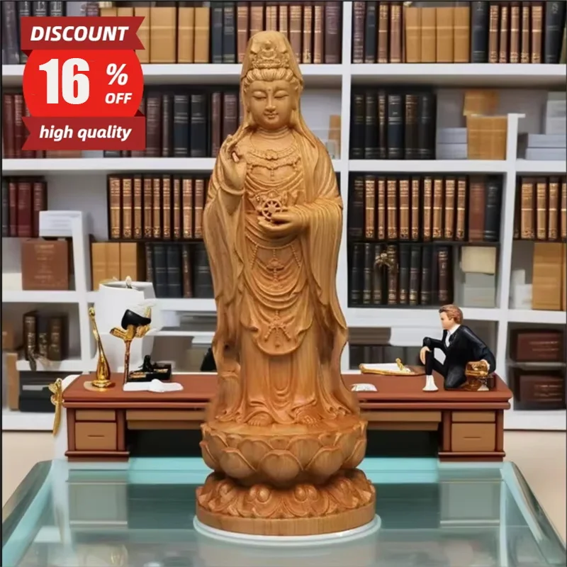 Wood Carving Nanhai Guanyin Sculptures and Figurines Chinese Buddha Statues Home Room Office Wealth Luck Feng Shui Decor 7.86 in