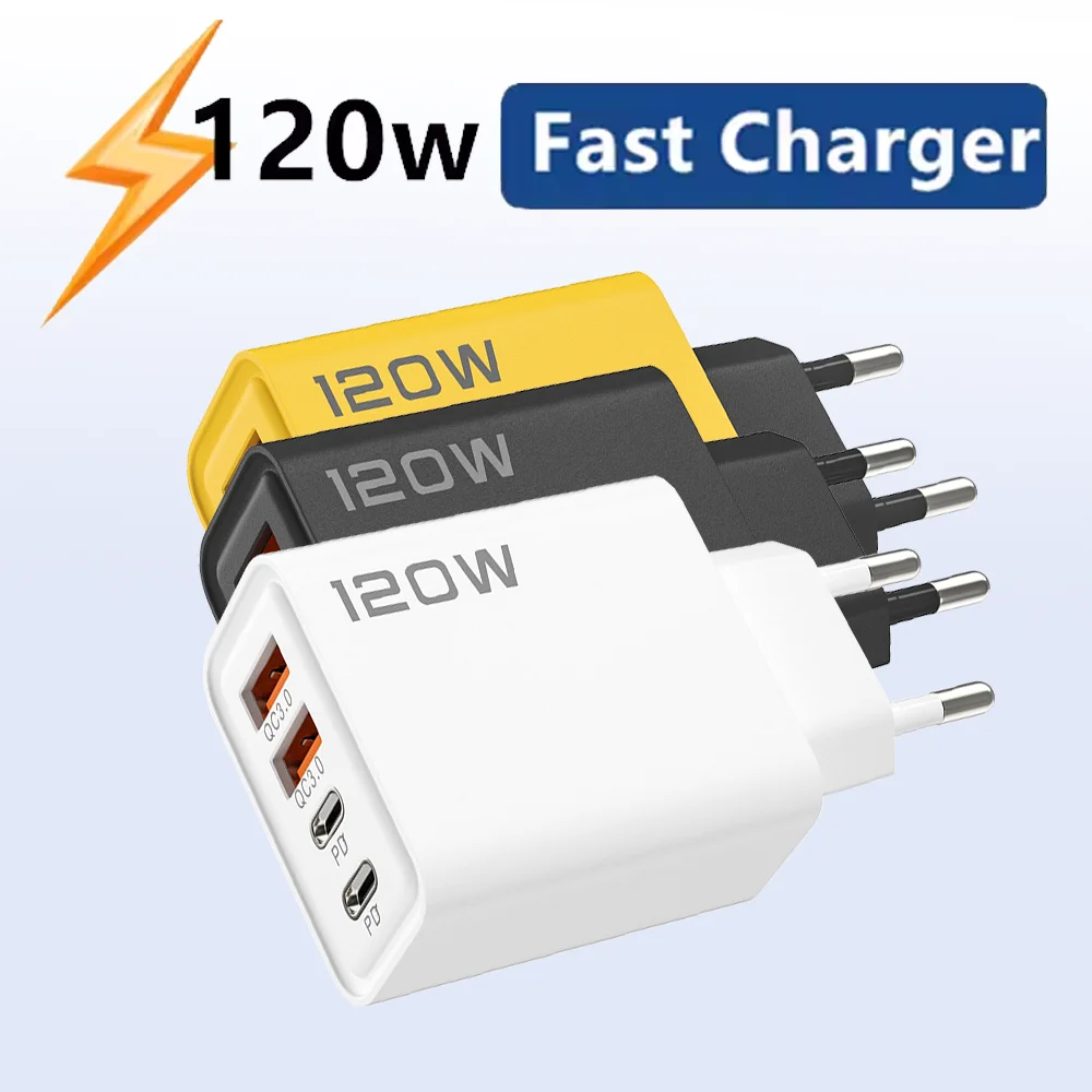 Total 120W PD USB Charger Fast Charging Type C Mobile Phone Adapter For iPhone Samsung Quick Charge 3.0 EU/US Plug Wall Charger