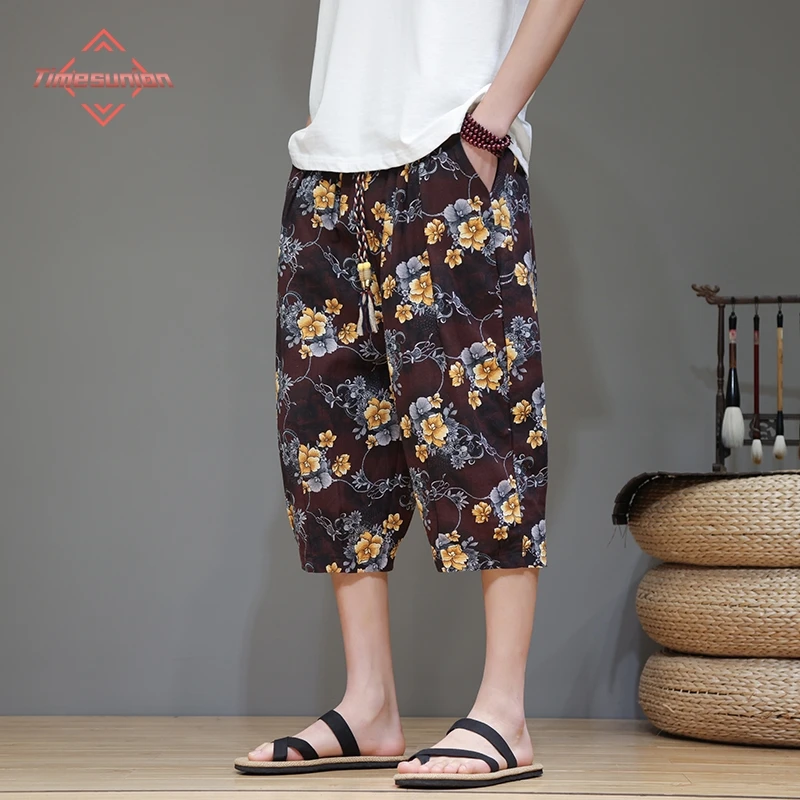 Summer Shorts for Men Comfortable and Breathable Cotton Linen Calf-length Pants Ethnic Flowers Casual Pants Shorts Man