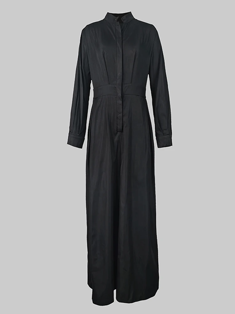 Gymystars Women\'s Solid Color Black Jumpsuit Fashion Half Open Collar Long Sleeves High Waisted Wide Leg Pants One-piece Suits