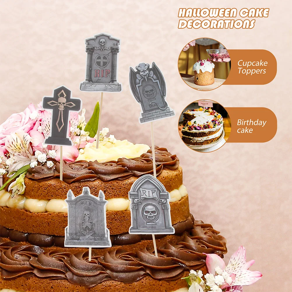 12 Pcs Halloween Toothpick Flags Tombstone Slots Decor Fairy Cupcake Toppers Decorations Wood