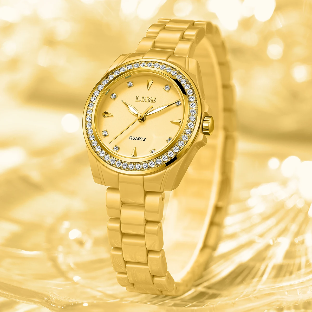 LIGE Elegant Luxury Woman Watch Fashion Diamond Dial Ceramics Waterproof Luminous Classic Quartz Women's Wristwatch Reloj Mujer