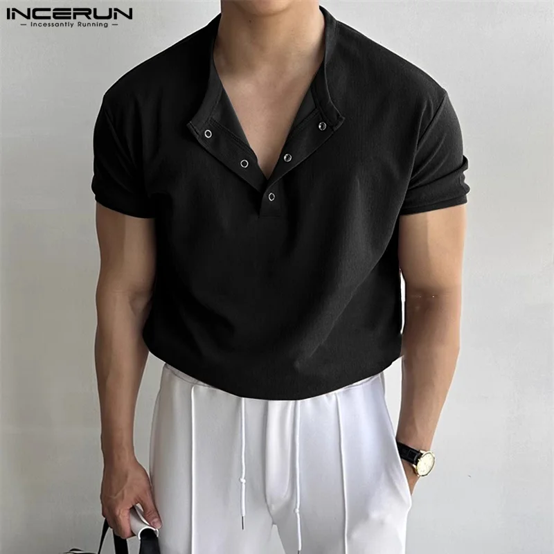 INCERUN Tops 2024 Korean Style Men's Pleated Texture T-shirts Casual Streetwear Male Solid Al-match Short Sleeved Camiseta S-5XL