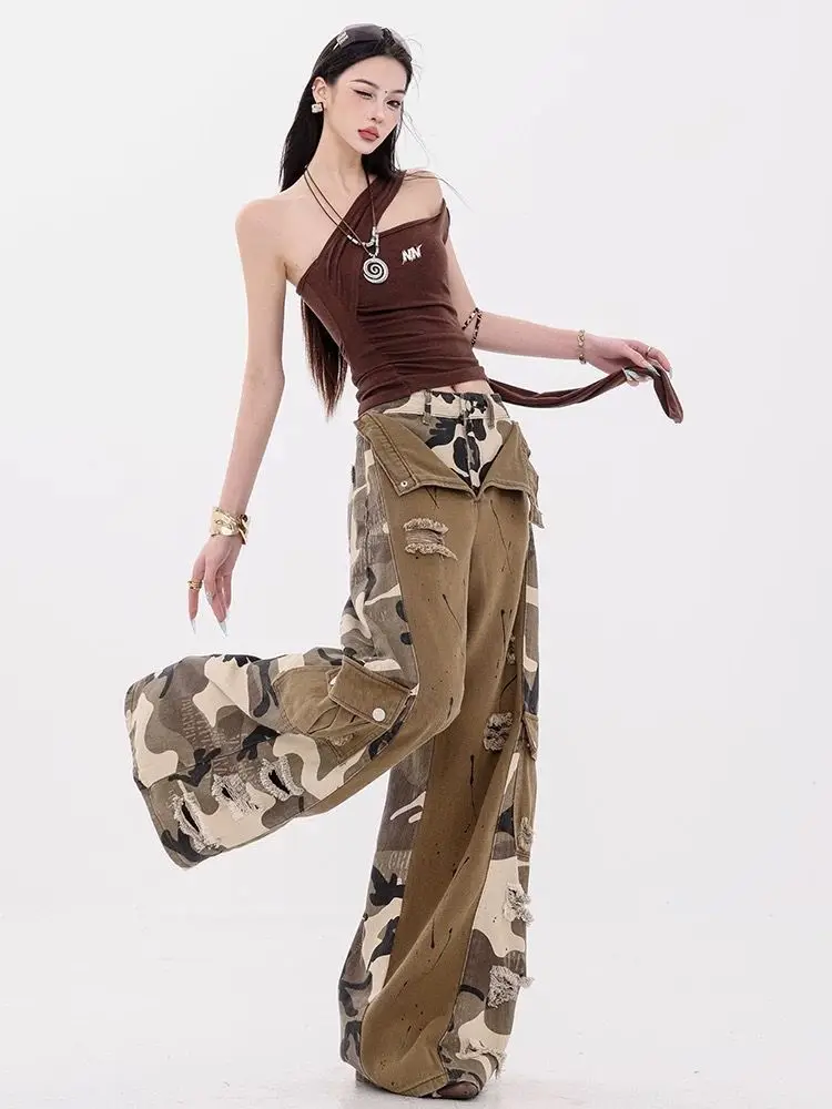 Celana Kerja Musim Panas Tipis Model Slim Fit Straight Leg Motif Kamuflase Amerika, Celana Lebar Gaya High Street, Celana Kasual Fashion Remaja