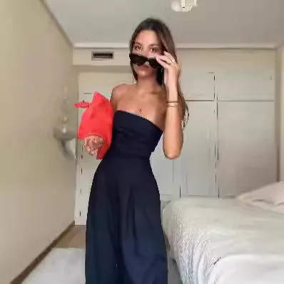 Slimming strapless off shoulder solid color jumpsuit 2026 new fashionable women's sexy slim fit wrapped long jumpsuit