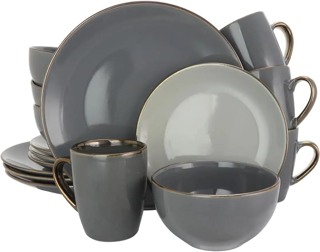 

Elama Round Stoneware Grand Collection Dinnerware Dish Set 16 Piece Assorted Solid Gray