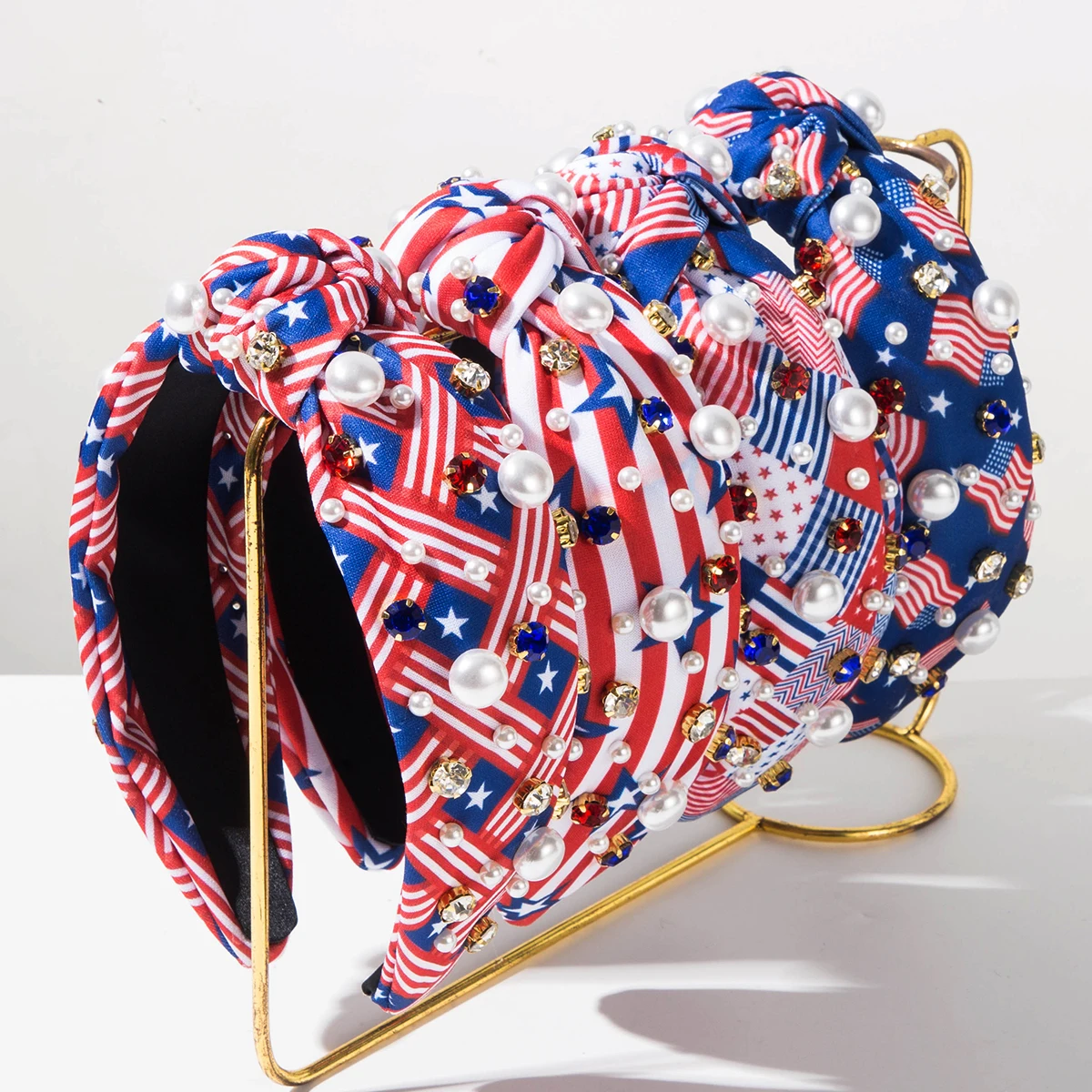 European, American, Independence Day, Red, White, Blue, Diamond Set, Pearl Knot, Wide Edge Headband