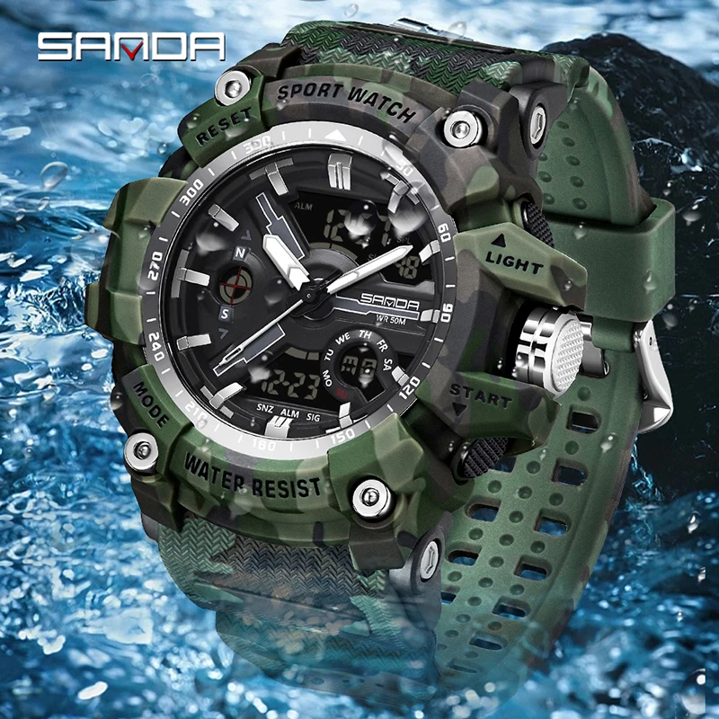 SANDA G-Style LED Digital Men Watches Waterproof Sports Watch Man Camouflage Military Army Timing Stopwatch Quartz Male Clock