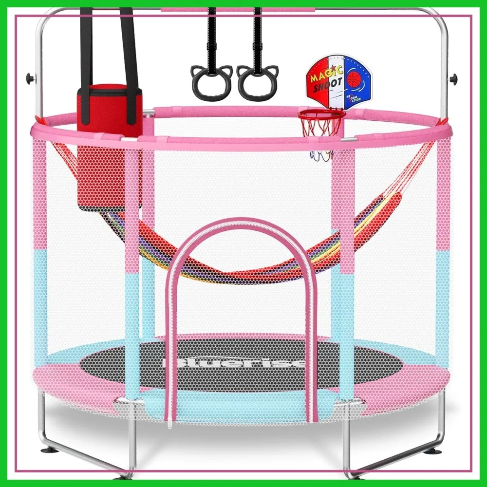 

60" Trampoline for Toddlers with Adjustable Gymnastics Bar & Safety Net, No-Gap Design, Anti-Rollover Bottom, Basketball Hoop