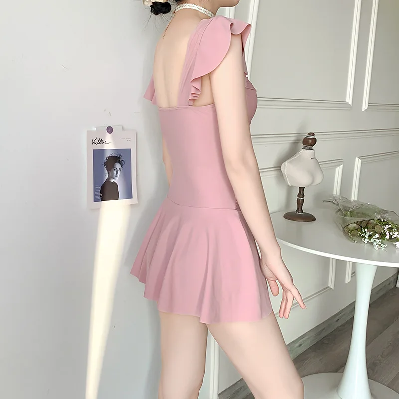 Traje de baño mujer 2025 conjunto de Bikini Sexy fresco de una pieza cubierta vientre traje de baño fino Tuck pecho cintura alta primavera vestidos de playa verano